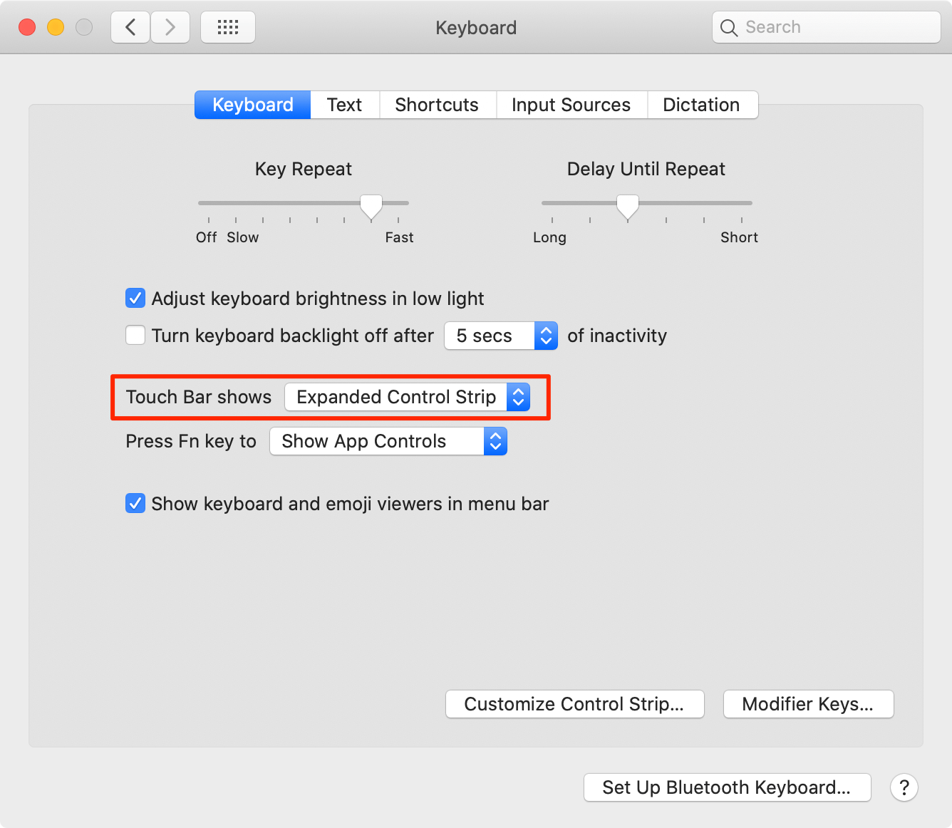 Keyboard configuration in system preferences